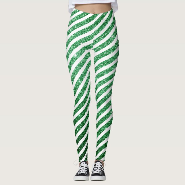 Niedliche Weihnachtscreme Candy Cane Glitzer Green Leggings (Vorderseite)