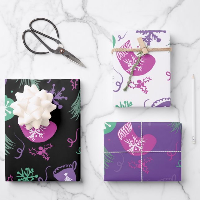 Niedliche Weihnachtsdächer Schneeflocken Muster Geschenkpapier Set (Vorderseite)