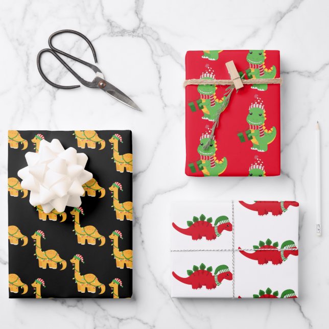 Niedliche Weihnachtsdinosaurier Geschenkpapier Set (Vorderseite)