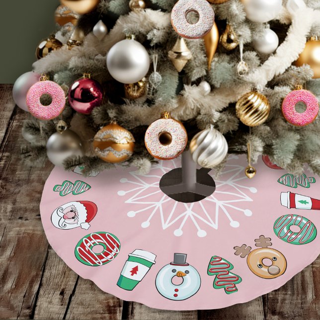 Niedliche WeihnachtsDonuts und Kaffee I Snowflake  Polyester Weihnachtsbaumdecke (Pink & Red Christmas donuts & coffee snowflake tree skirt, baking it bright, santa, snowman, tree)