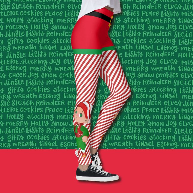 Niedliche Weihnachtself Frauen Rot & Grün Streifen Leggings (Von Creator hochgeladen)