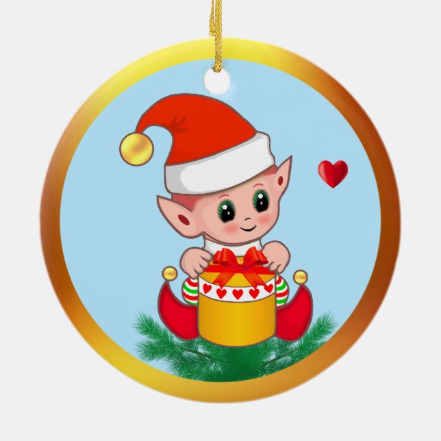 Niedliche Weihnachtself & Herz auf Sky Blue Keramik Ornament (Hinten)