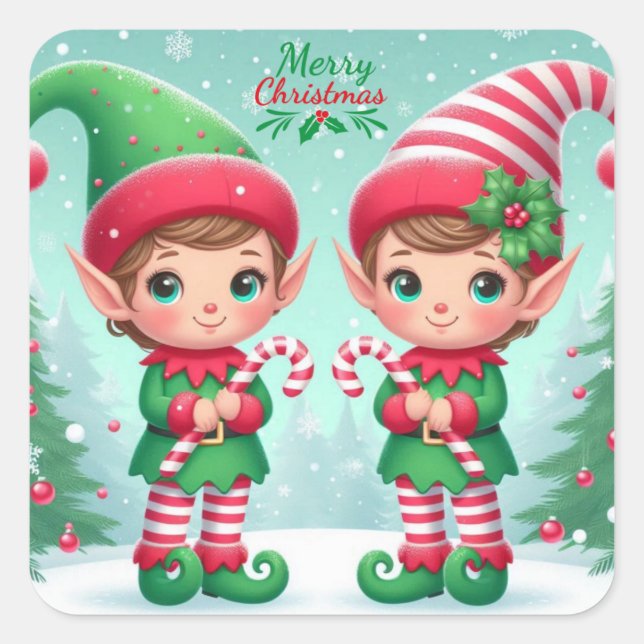 Niedliche Weihnachtselfen Quadratischer Aufkleber (Vorderseite)