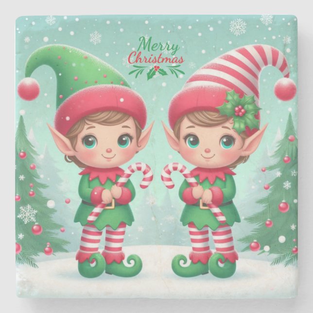 Niedliche Weihnachtselfen Steinuntersetzer (Vorderseite)