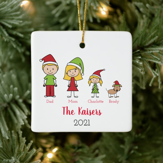 Niedliche Weihnachtsfamilie Personalisiert mit Hun Keramikornament (Baum)