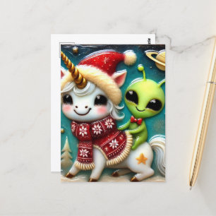 Niedliche Weihnachtsfeier Alien und Einhorn Postkarte