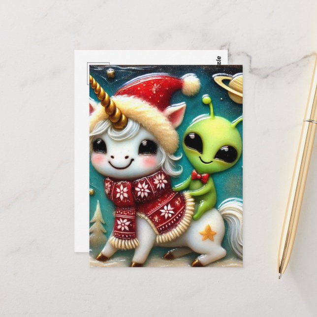 Niedliche Weihnachtsfeier Alien und Einhorn Postkarte (Vorderseite/Rückseite Beispiel)