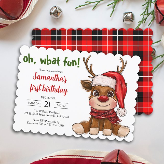 Niedliche Weihnachtsfeier Rentiers erste Geburtsta Einladung (Elevate your baby's celebration with our charming invitation. Create unforgettable memories.)
