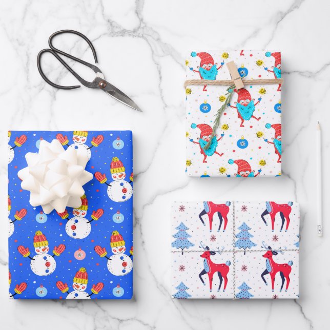 Niedliche Weihnachtsfeier Snowman Santa Reindeer Geschenkpapier Set (Vorderseite)