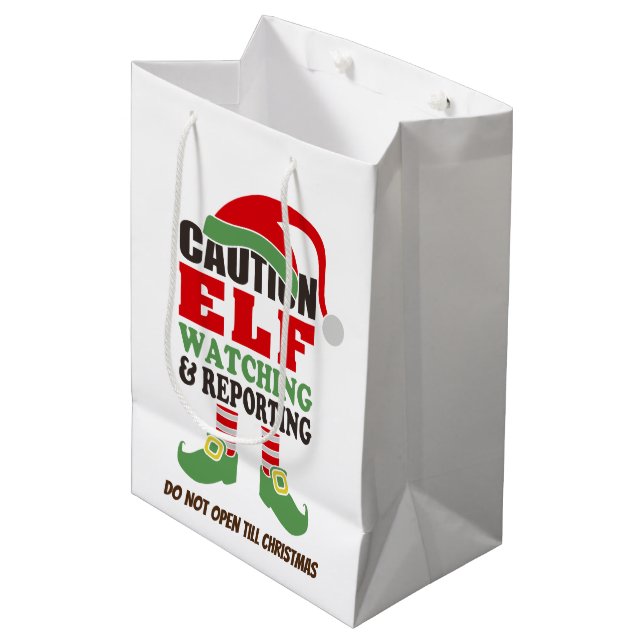 Niedliche Weihnachtsgeschenktasche "Elf Watching" Mittlere Geschenktüte (Vorderseite Schrägansicht)