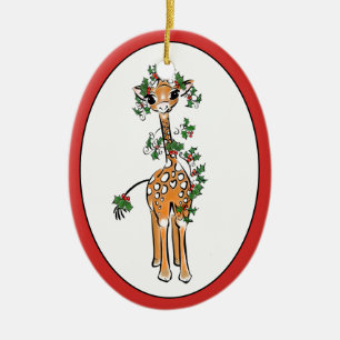 Niedliche Weihnachtsgiraffe zeichnend Rote Grünlan Keramik Ornament