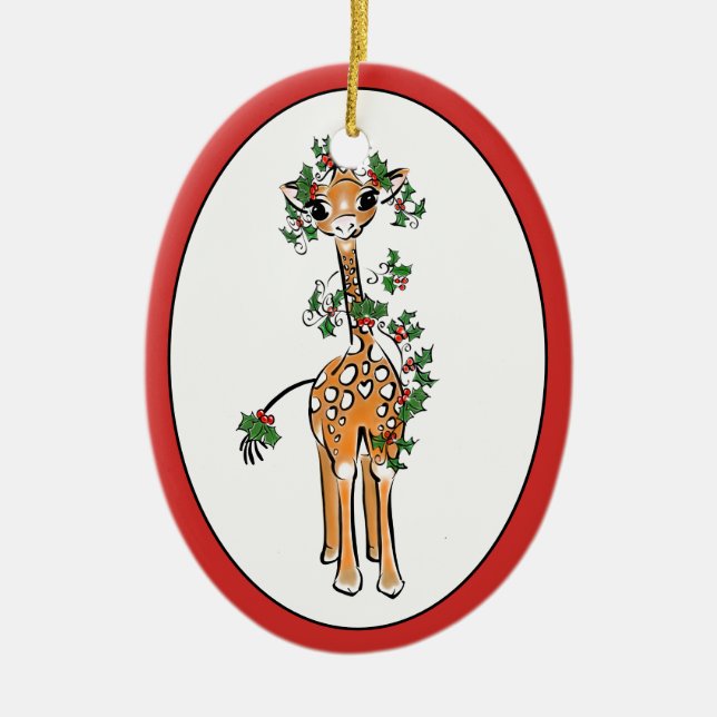 Niedliche Weihnachtsgiraffe zeichnend Rote Grünlan Keramik Ornament (Vorne)