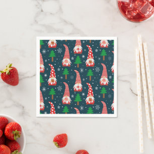 Niedliche Weihnachtsgnomen mit Bäumen und Schneefl Serviette