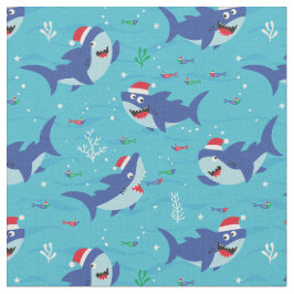 Niedliche Weihnachtshaie auf blauem Hintergrund Stoff