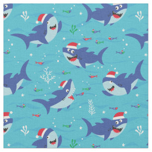 Niedliche Weihnachtshaie auf blauem Hintergrund Stoff