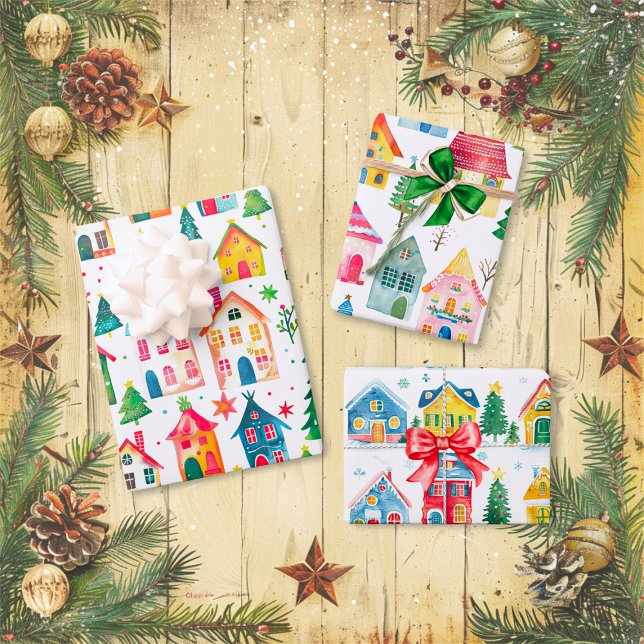 Niedliche Weihnachtshäuser Geschenkpapier Set (Cute Christmas Houses Wrapping Paper Sheets)