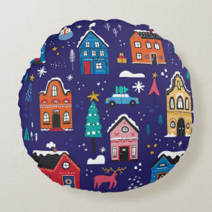 Niedliche Weihnachtshäuser mit Vintagen Illustrati Rundes Kissen