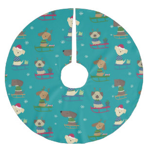 Niedliche Weihnachtshunde auf Sleds Pattern Polyester Weihnachtsbaumdecke