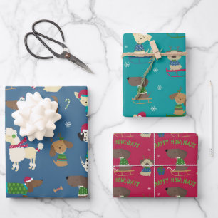 Niedliche Weihnachtshunde Cartoon Pattern Red Blue Geschenkpapier Set