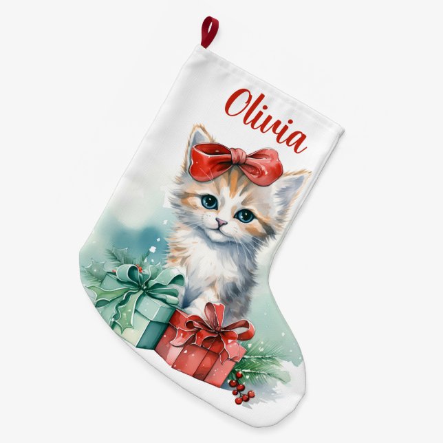 Niedliche Weihnachtskätzchen mit Geschenken und Na Großer Weihnachtsstrumpf (Vorderansicht (hängend))