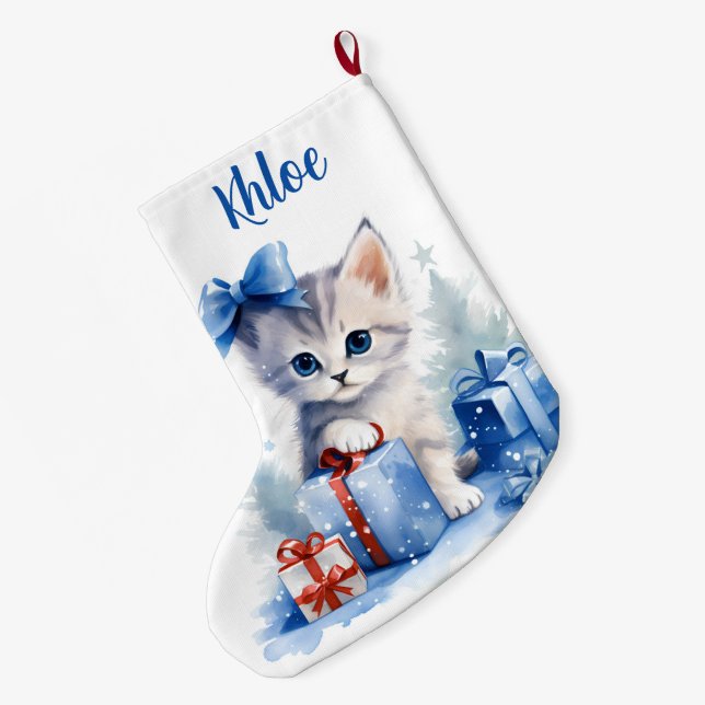 Niedliche Weihnachtskätzchen mit Geschenken und Na Großer Weihnachtsstrumpf (Rückseite (Hängend))