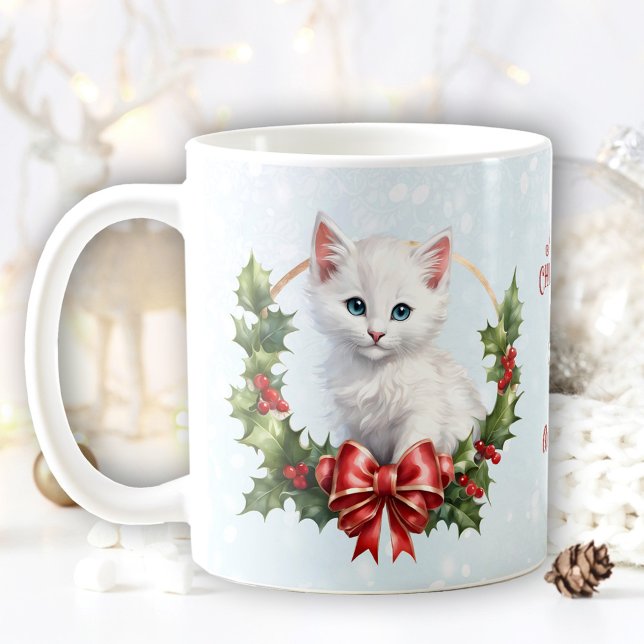 Niedliche Weihnachtskätzchen Schnee Blauer Name Ta Kaffeetasse (Cute Christmas Kitten Cat Snow Blue Name Mug)