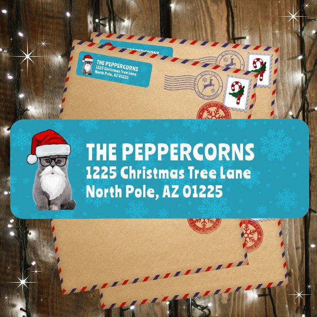 Niedliche Weihnachtskatze Aquamarine Rücksendeadre (Available in multiple colors. Personalize and make it your own!)