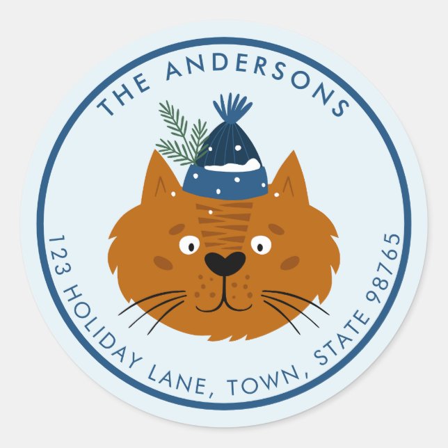 Niedliche Weihnachtskatze in Blue Strick Hat anpas Runder Aufkleber (Vorderseite)