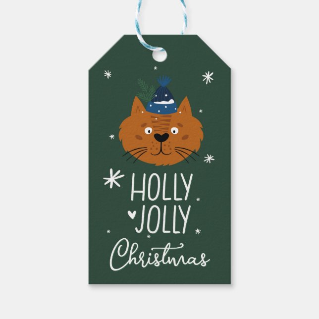 Niedliche Weihnachtskatze in Cosy Strick Hat Green Geschenkanhänger (Vorderseite)