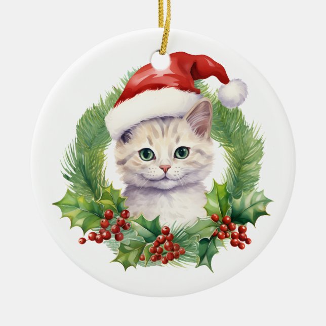 Niedliche Weihnachtskatze in einer Weihnachtsmannm Keramik Ornament (Vorne)