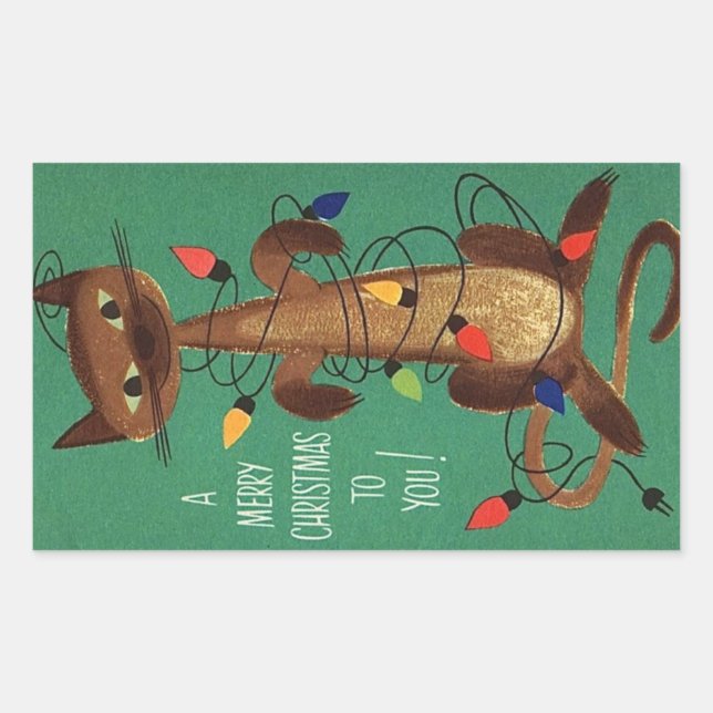 Niedliche Weihnachtskatze in Lights Rechteckiger Aufkleber (Vorderseite)