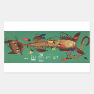 Niedliche Weihnachtskatze in Lights Rechteckiger Aufkleber