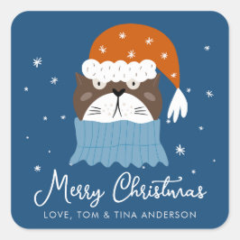 Niedliche Weihnachtskatze in Weihnachtsmannmütze S Quadratischer Aufkleber