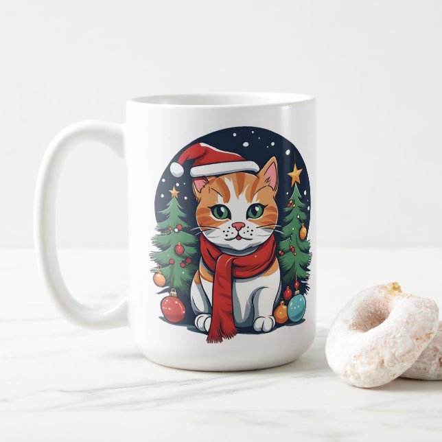 Niedliche Weihnachtskatze mit Bäumen Kaffeetasse (Mit Donut)