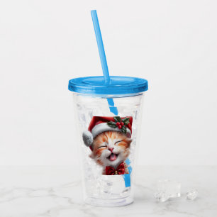Niedliche Weihnachtskatze mit Weihnachtsmannmütze Acryltrinkbecher