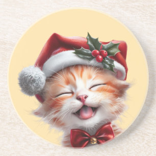 Niedliche Weihnachtskatze mit Weihnachtsmannmütze  Getränkeuntersetzer
