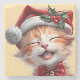 Niedliche Weihnachtskatze mit Weihnachtsmannmütze Steinuntersetzer
