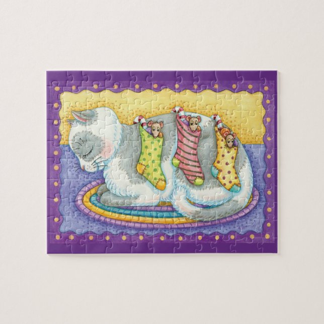Niedliche Weihnachtskatze Schlafen mit Mäusen in S Puzzle (Horizontal)