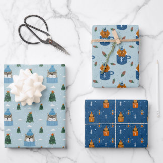 Niedliche Weihnachtskatzen im Winter Strick Blau Geschenkpapier Set