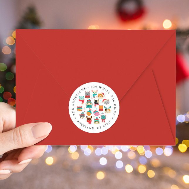 Niedliche Weihnachtskatzen Rücksendeadressen-Aufkl Runder Aufkleber (Von Creator hochgeladen)