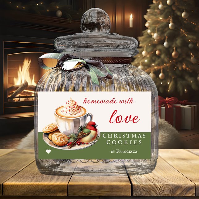 Niedliche Weihnachtskekse für Wasserfarben Rechteckiger Aufkleber (Festive Christmas cookies label featuring a watercolor cappuccino with cute bird and cookies)