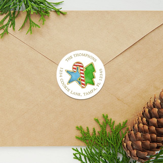 Niedliche Weihnachtskekse Weiße Rücksendeadresse Runder Aufkleber (Christmas holiday cookie cutout return address colorful sticker. )