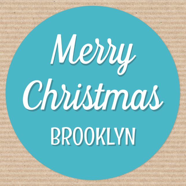 Niedliche Weihnachtskids Name Typografie Aquamarin Runder Aufkleber (Von Creator hochgeladen)