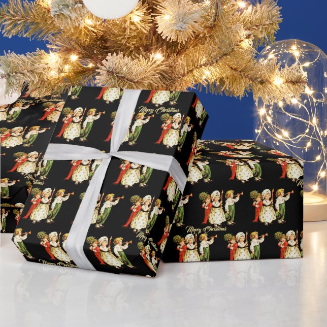 Niedliche Weihnachtskinder Schwarz Geschenkpapier (Feiertage)