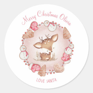 Niedliche Weihnachtskleber für Hirsche Rosa Name Runder Aufkleber