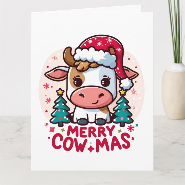 Niedliche Weihnachtskuh "Merry Cowmas" Karte (Vorderseite)