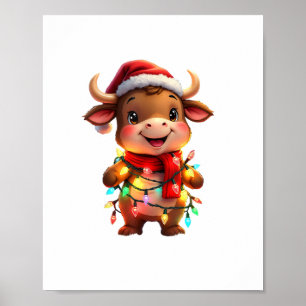 Niedliche Weihnachtskuh mit Weihnachtsleuchten Kin Poster