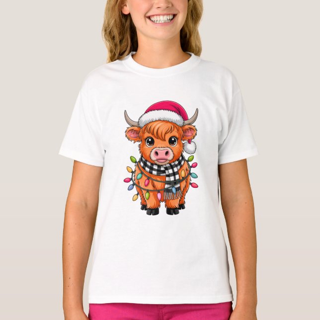 Niedliche Weihnachtskuh mit Weihnachtsmannmütze un T-Shirt (Vorderseite)