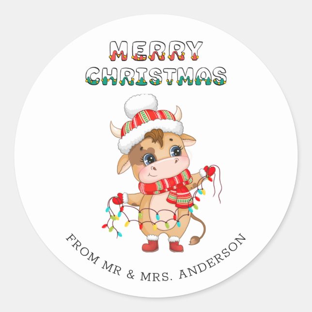 Niedliche Weihnachtskühe mit Winterkostüm Runder Aufkleber (Vorderseite)