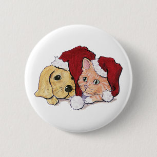 Niedliche Weihnachtsleder Welpe und Orange Tabby Button